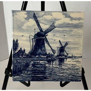 Lot of 2 VTG Delft Blue Blauw Hand Painted Tiles Windmill Holland White 6x6